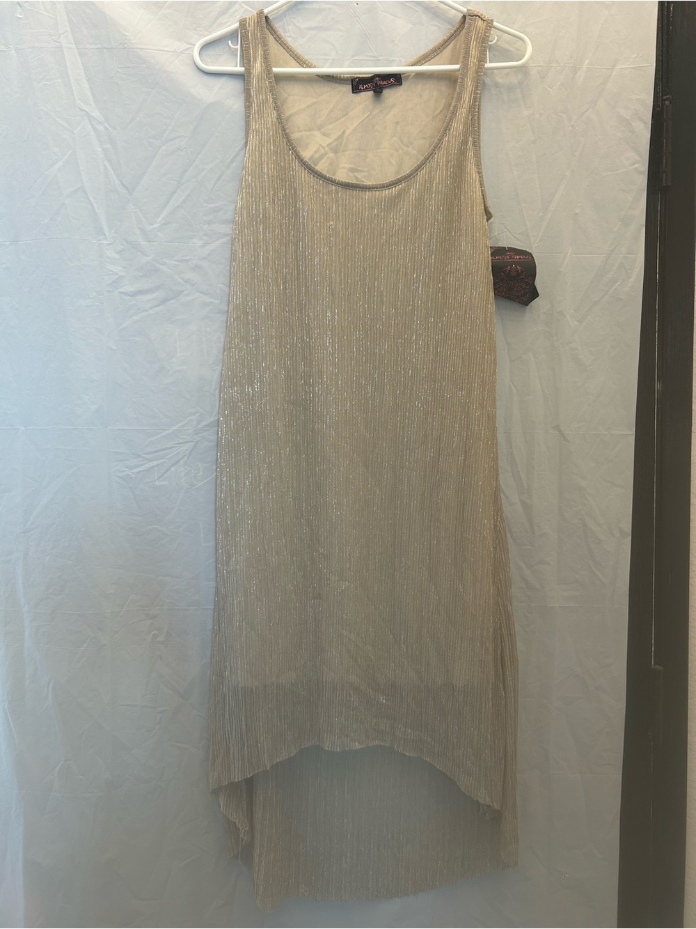 Almost Famous Junior’s Shimmery Gold Sleeveless Tank Hi-Low Dress Sz L NWWT